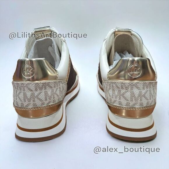 Michael Kors Maddy Vanilla/ Brown Two-Tone Logo Trainer Women's Sneakers 5.5 - Picture 8 of 13